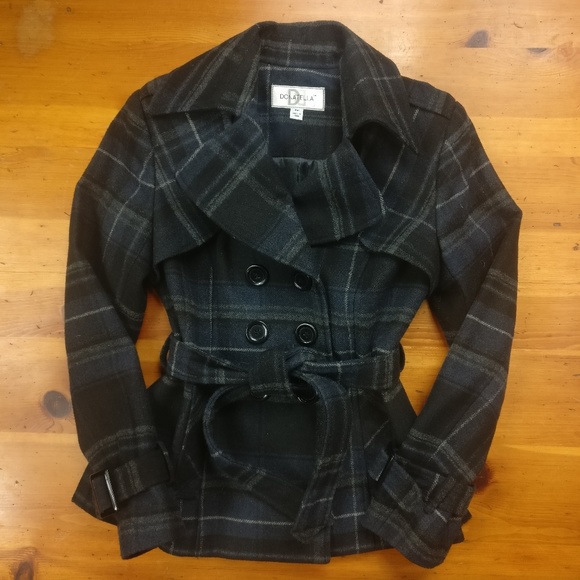 Donatella Jackets & Blazers - Donatella Wool Blend Belted Plaid Pea Coat